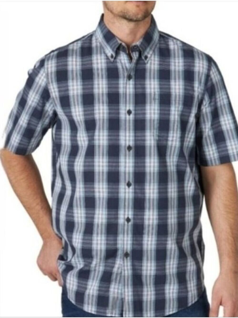 1901 Men's Trim Fit Blue Plaid Short Sleeve Button Front Shirt Size Large